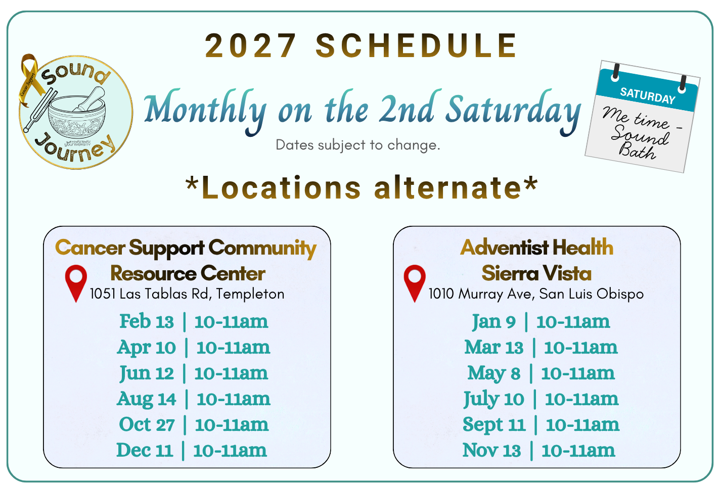 2027schedule - monthly on the 2nd Saturday - locations alternate